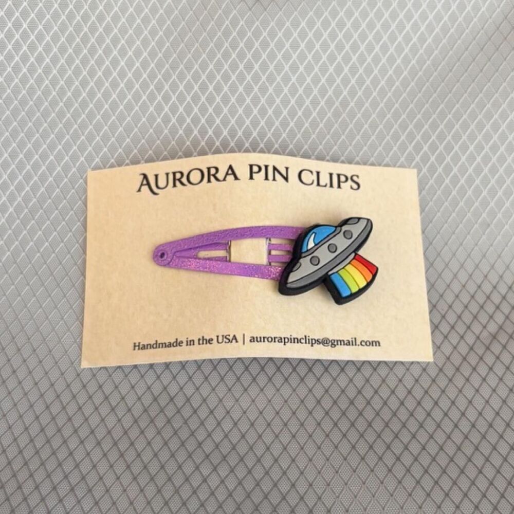 Aurora Pin Clips 55mm Hair Clip - UFO Spaceship w/ Rainbow Beam